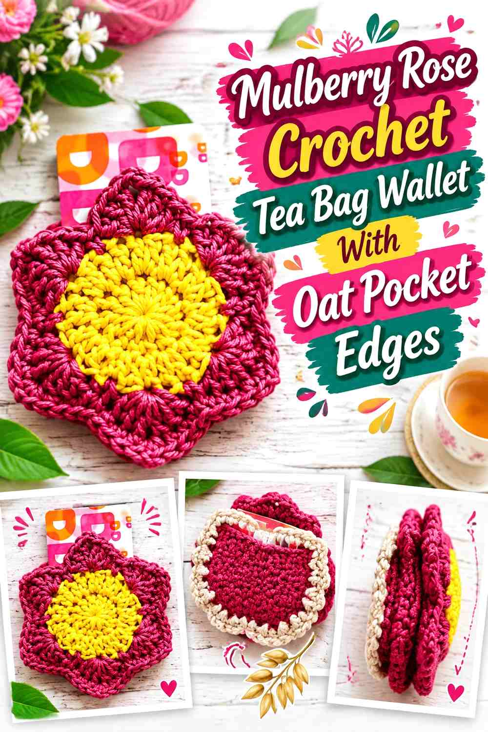 Mulberry Rose Crochet Tea Bag Wallet With Oat Pocket Edges