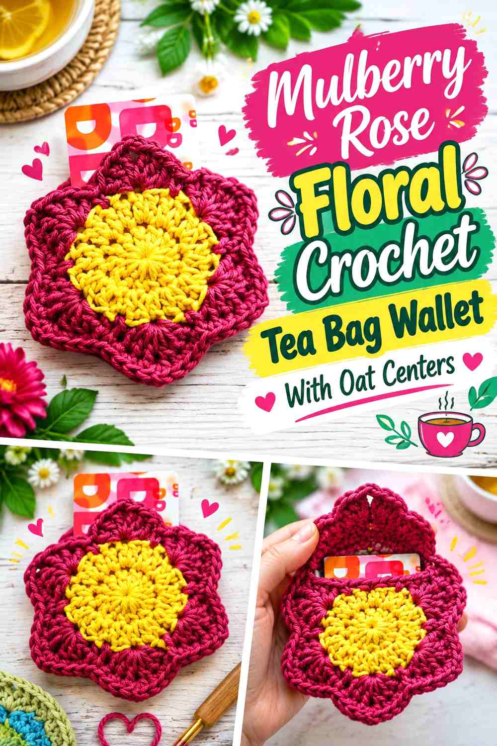 Mulberry Rose Floral Crochet Tea Bag Wallet With Oat Centers