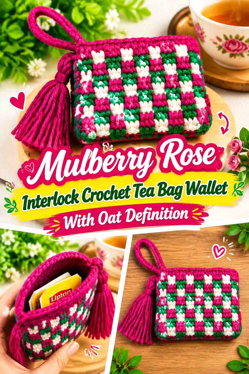 Mulberry Rose Interlock Crochet Tea Bag Wallet With Oat Definition