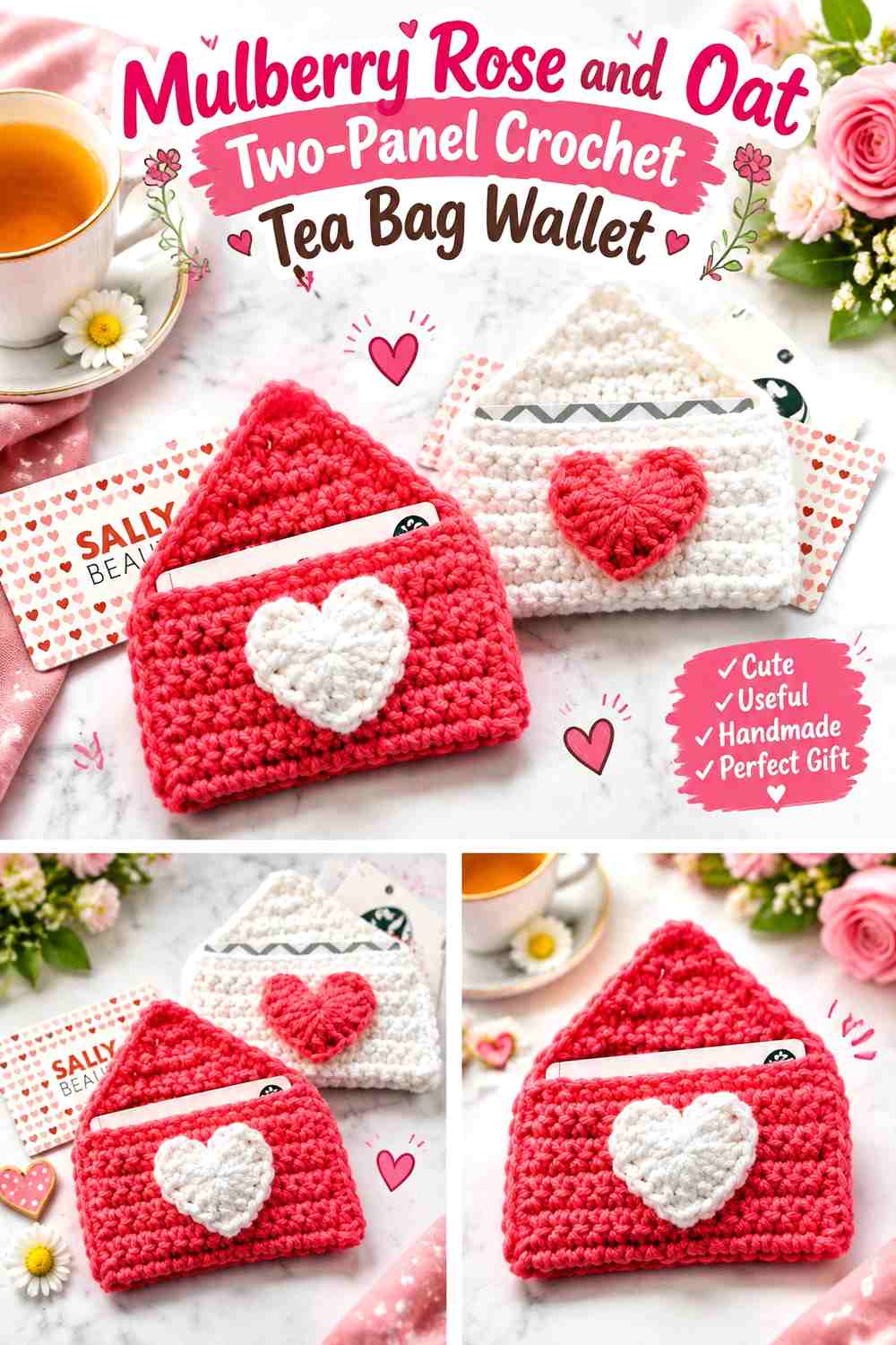 Mulberry Rose and Oat Two-Panel Crochet Tea Bag Wallet