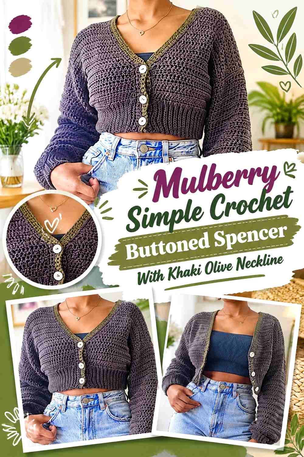 Mulberry Simple Crochet Buttoned Spencer With Khaki Olive Neckline