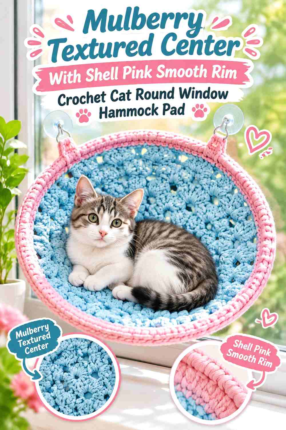 Mulberry Textured Center With Shell Pink Smooth Rim Crochet Cat Round Window Hammock Pad