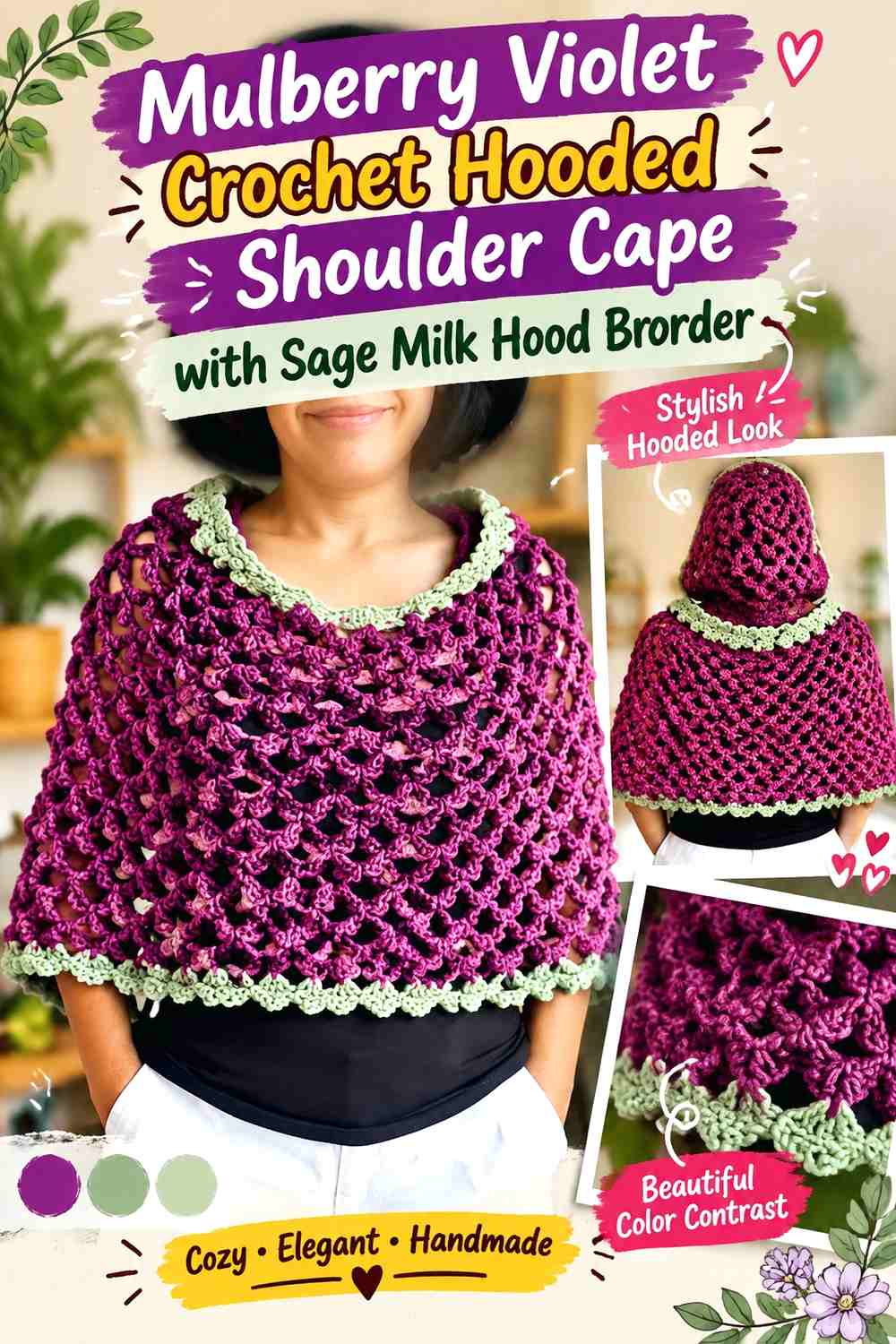 Mulberry Violet Crochet Hooded Shoulder Cape with Sage Milk Hood Border