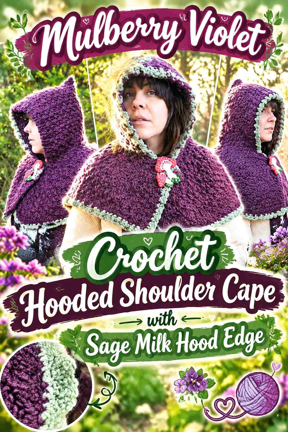 Mulberry Violet Crochet Hooded Shoulder Cape with Sage Milk Hood Edge