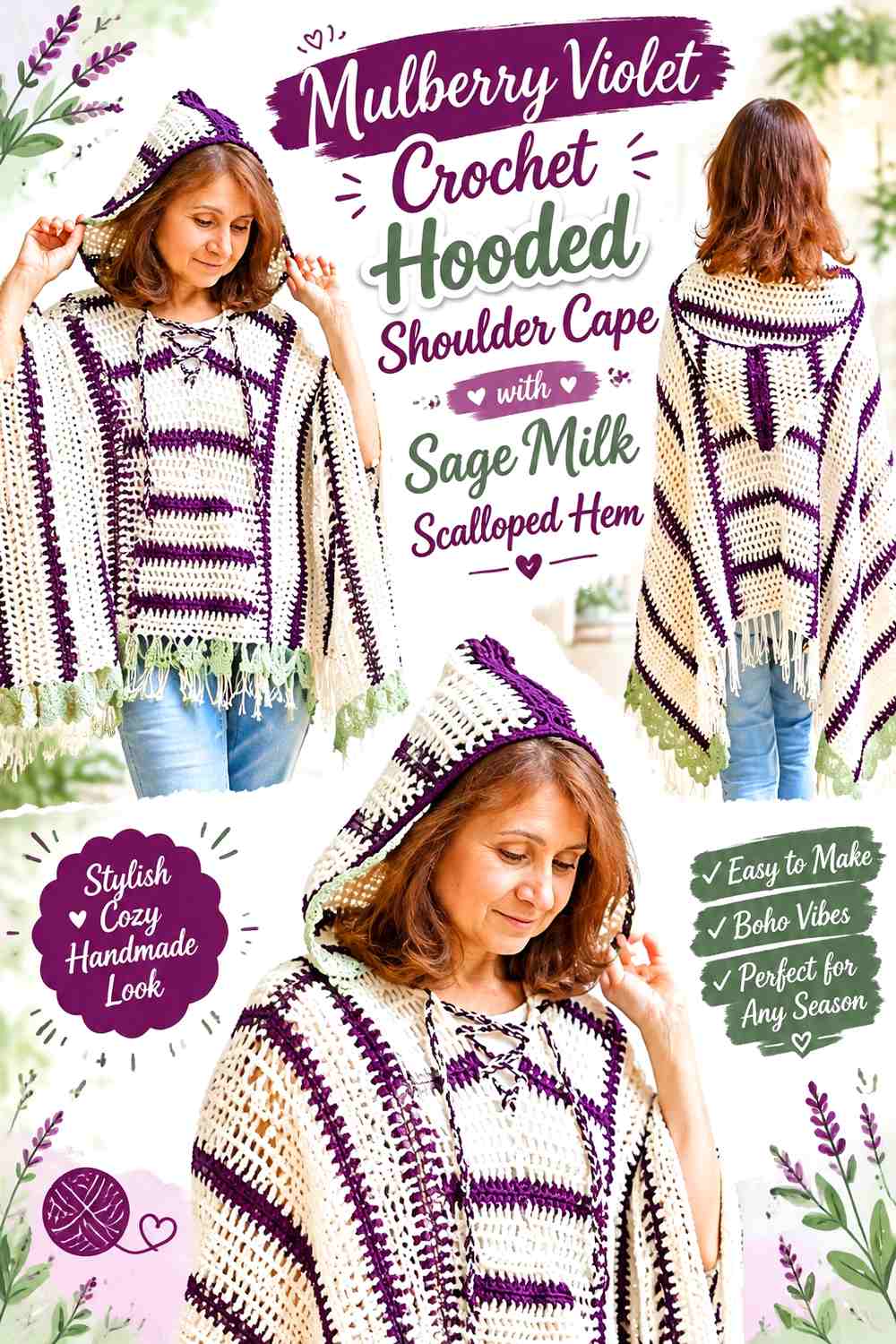 Mulberry Violet Crochet Hooded Shoulder Cape with Sage Milk Scalloped Hem