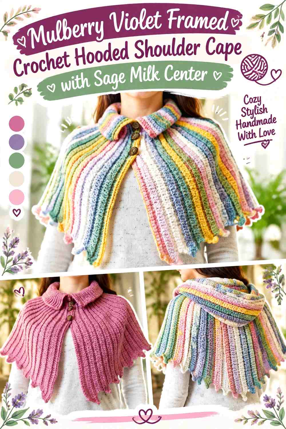 Mulberry Violet Framed Crochet Hooded Shoulder Cape with Sage Milk Center