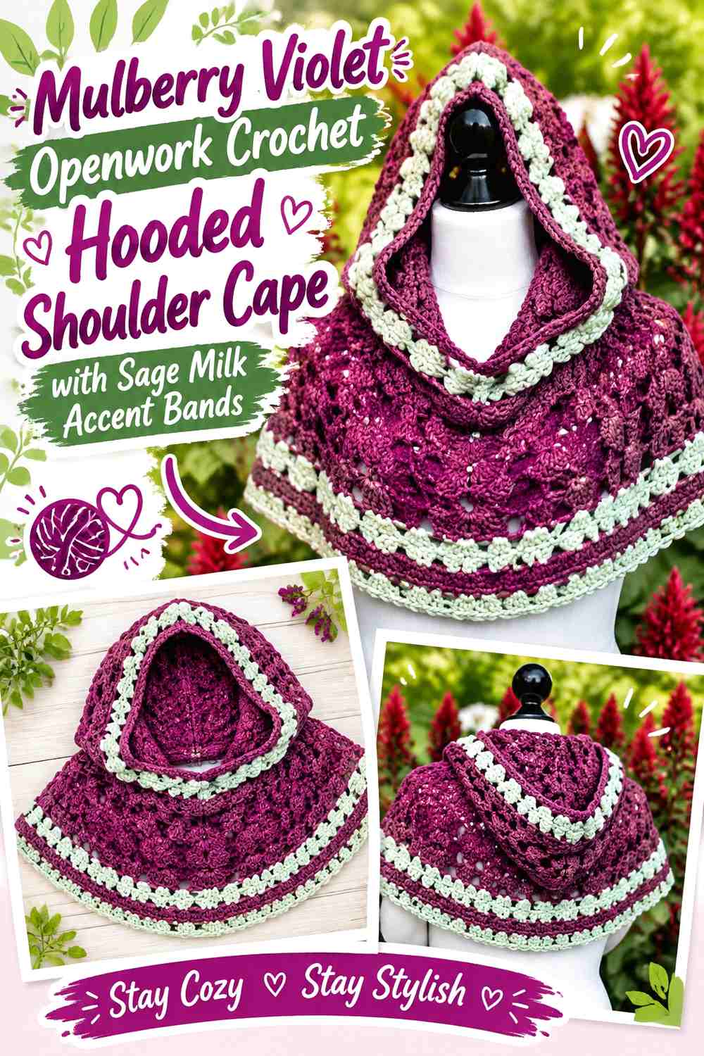 Mulberry Violet Openwork Crochet Hooded Shoulder Cape with Sage Milk Accent Bands
