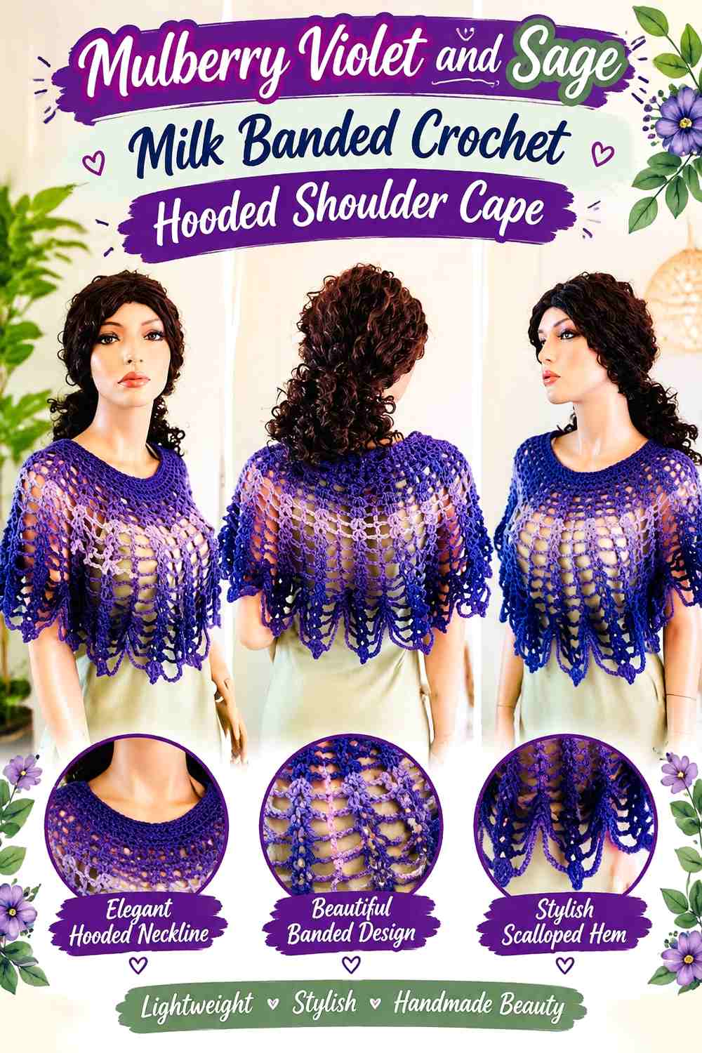 Mulberry Violet and Sage Milk Banded Crochet Hooded Shoulder Cape