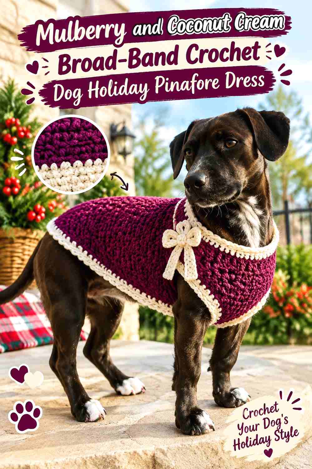 Mulberry and Coconut Cream Broad-Band Crochet Dog Holiday Pinafore Dress