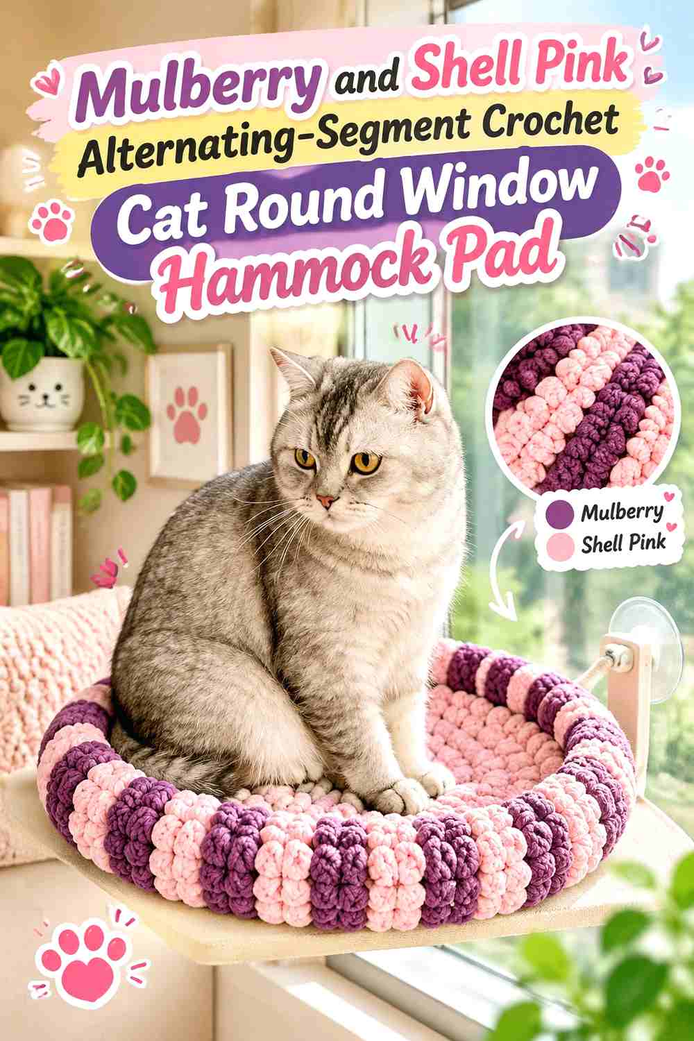 Mulberry and Shell Pink Alternating-Segment Crochet Cat Round Window Hammock Pad