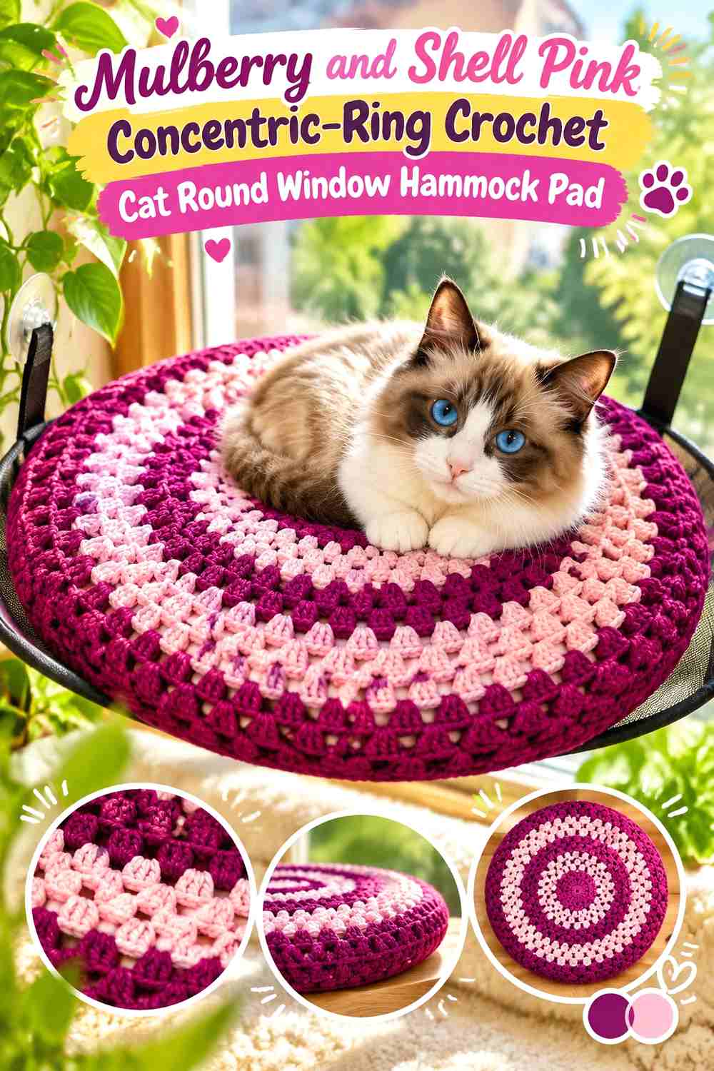 Mulberry and Shell Pink Concentric-Ring Crochet Cat Round Window Hammock Pad