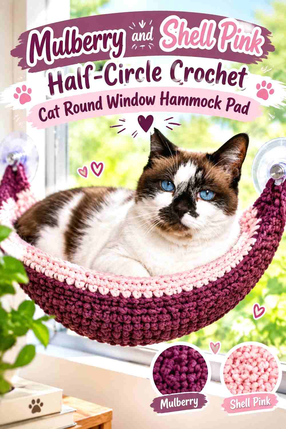 Mulberry and Shell Pink Half-Circle Crochet Cat Round Window Hammock Pad