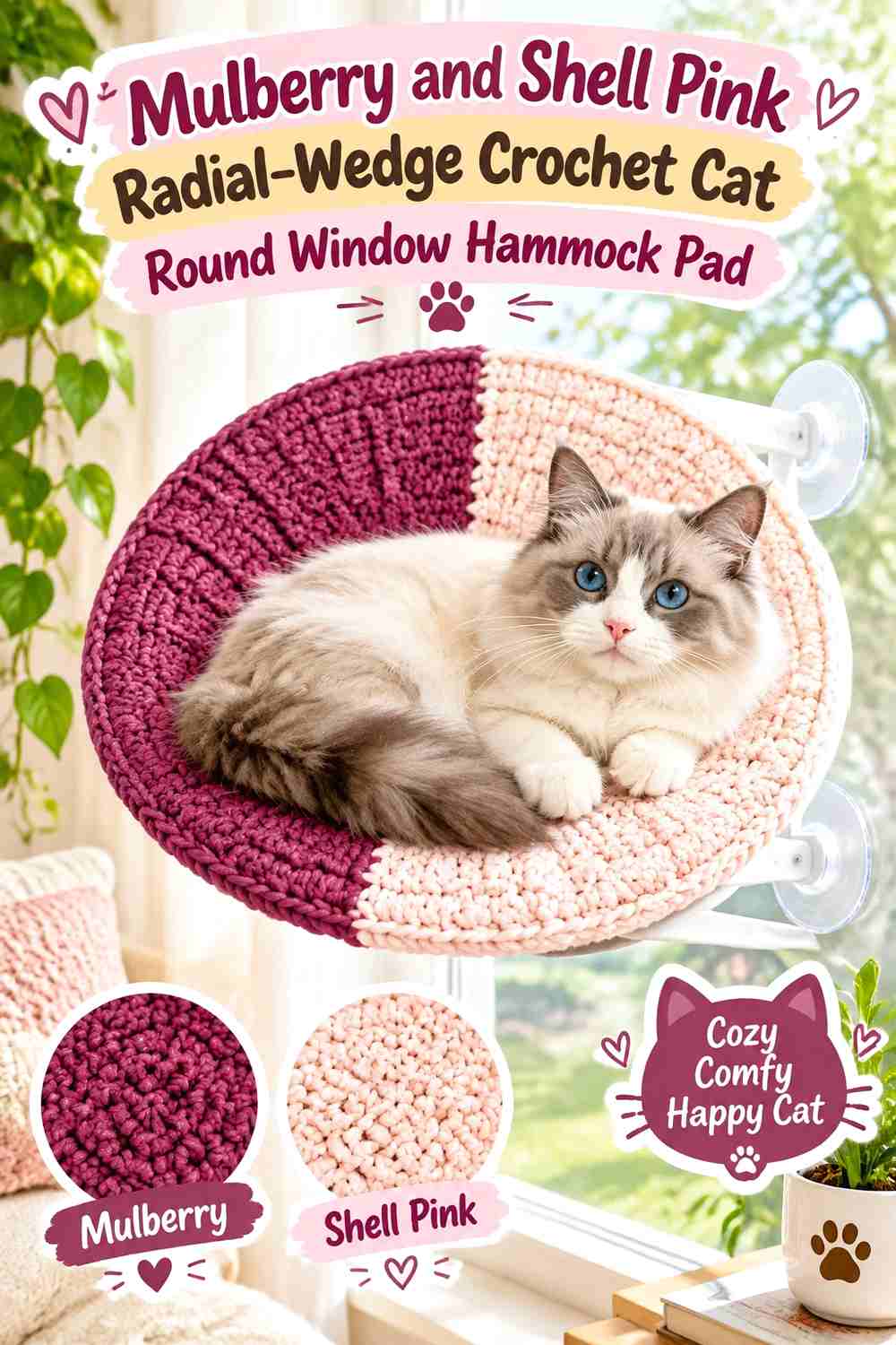 Mulberry and Shell Pink Radial-Wedge Crochet Cat Round Window Hammock Pad