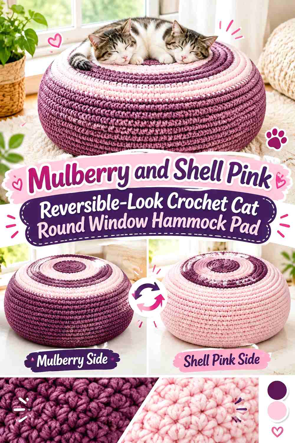 Mulberry and Shell Pink Reversible-Look Crochet Cat Round Window Hammock Pad