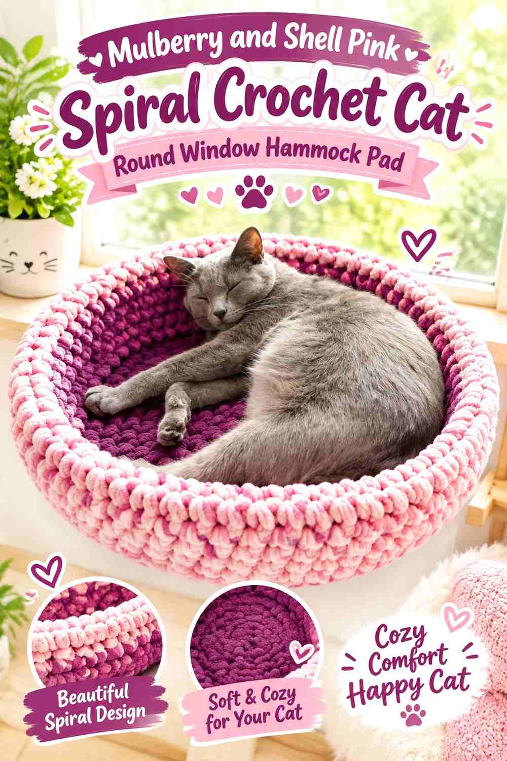 Mulberry and Shell Pink Spiral Crochet Cat Round Window Hammock Pad