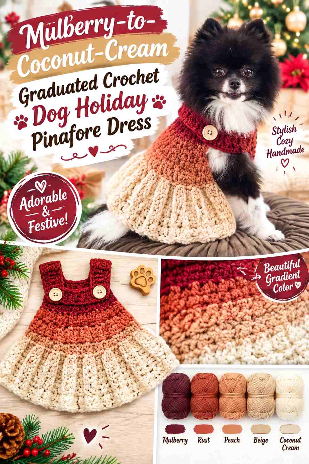 Mulberry-to-Coconut-Cream Graduated Crochet Dog Holiday Pinafore Dress