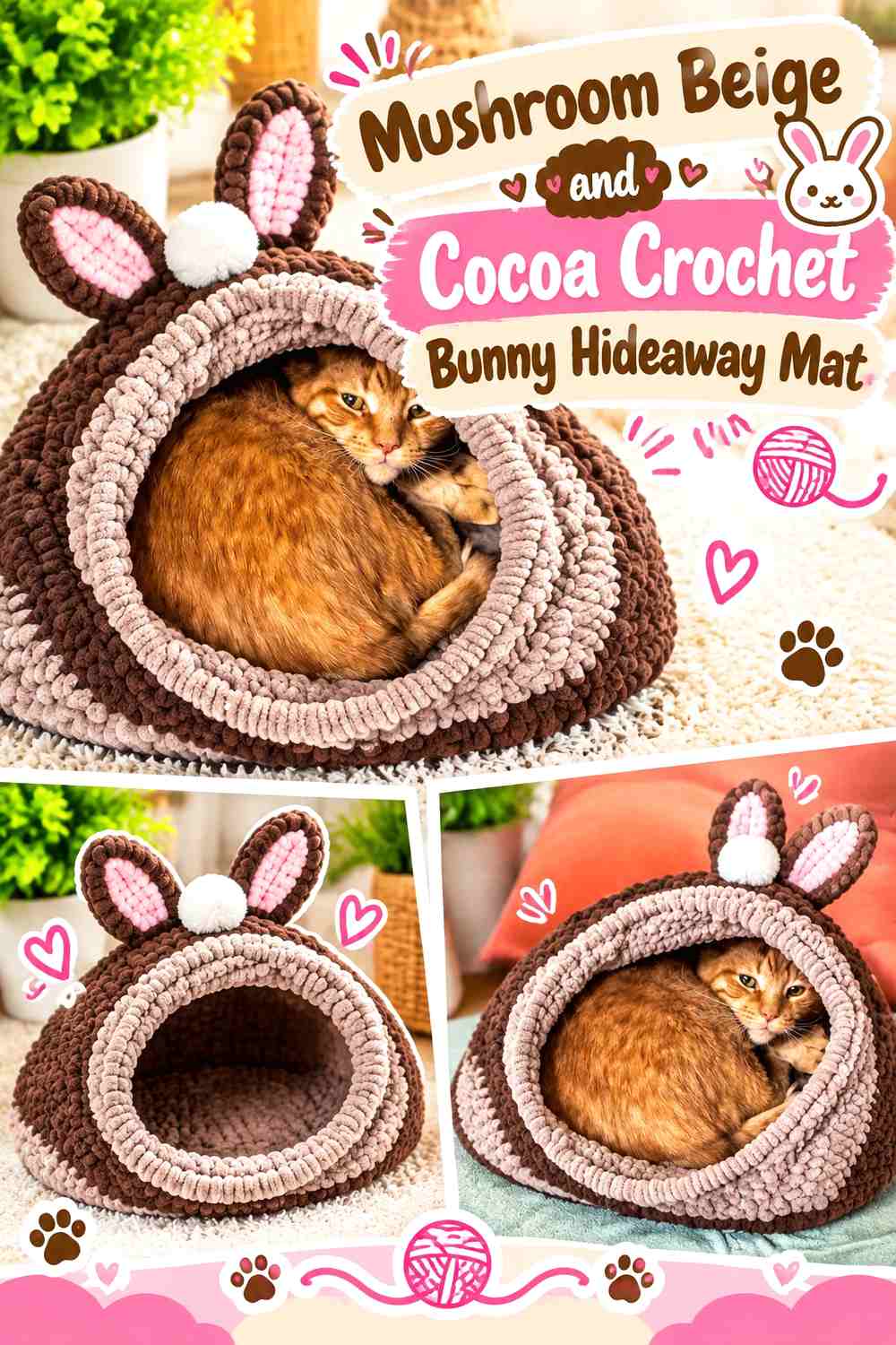 Mushroom Beige and Cocoa Crochet Bunny Hideaway Mat