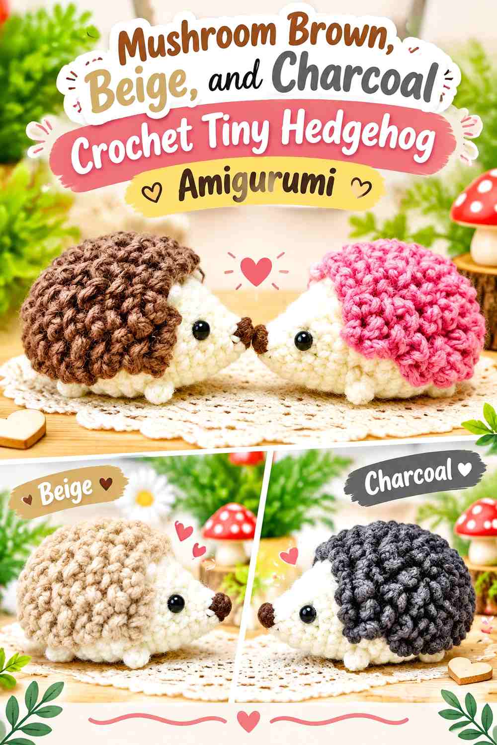 Mushroom Brown, Beige, and Charcoal Crochet Tiny Hedgehog Amigurumi