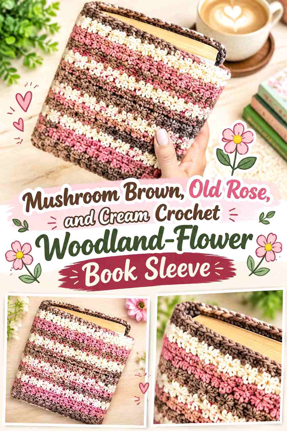 Mushroom Brown, Old Rose, and Cream Crochet Woodland-Flower Book Sleeve
