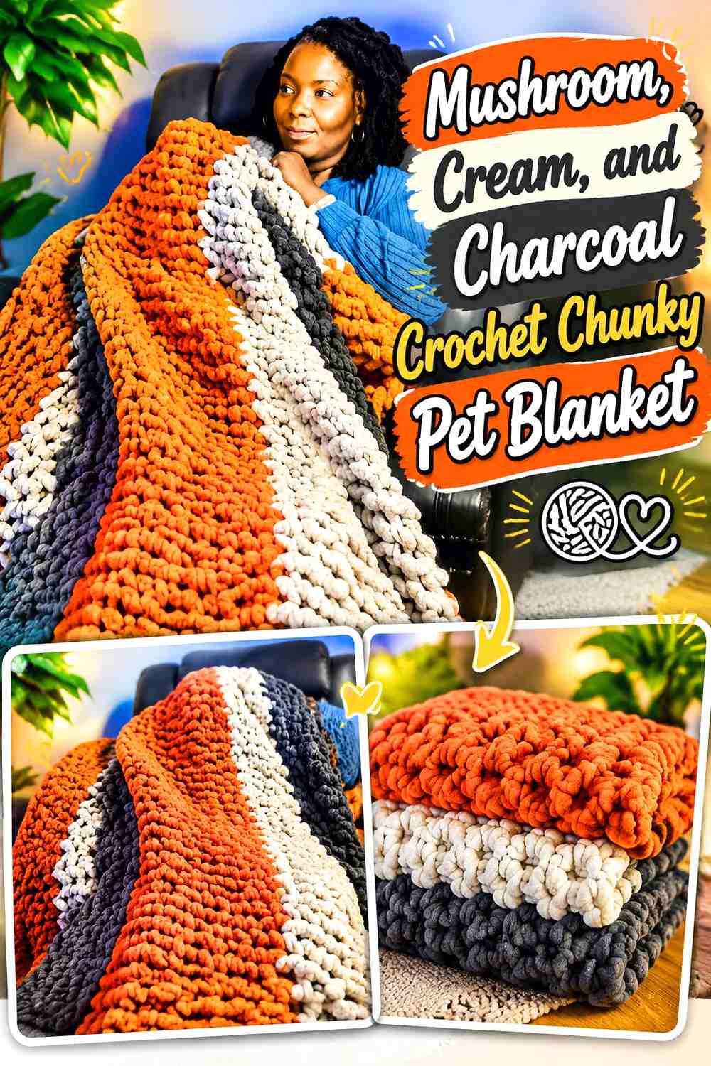 Mushroom, Cream, and Charcoal Crochet Chunky Pet Blanket