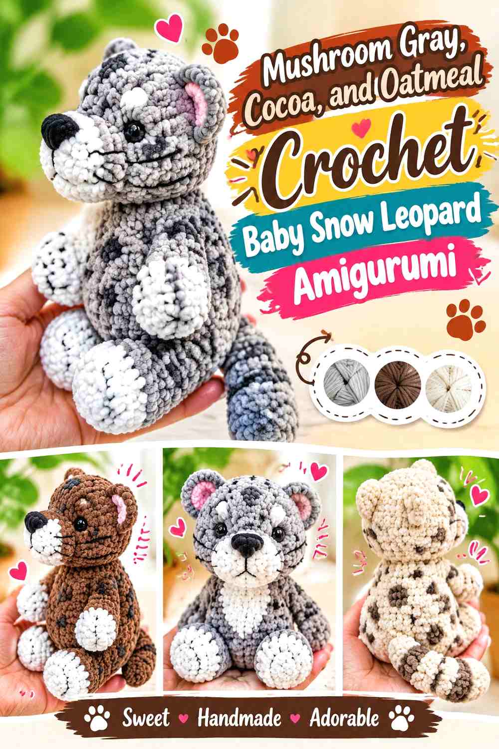 Mushroom Gray, Cocoa, and Oatmeal Crochet Baby Snow Leopard Amigurumi