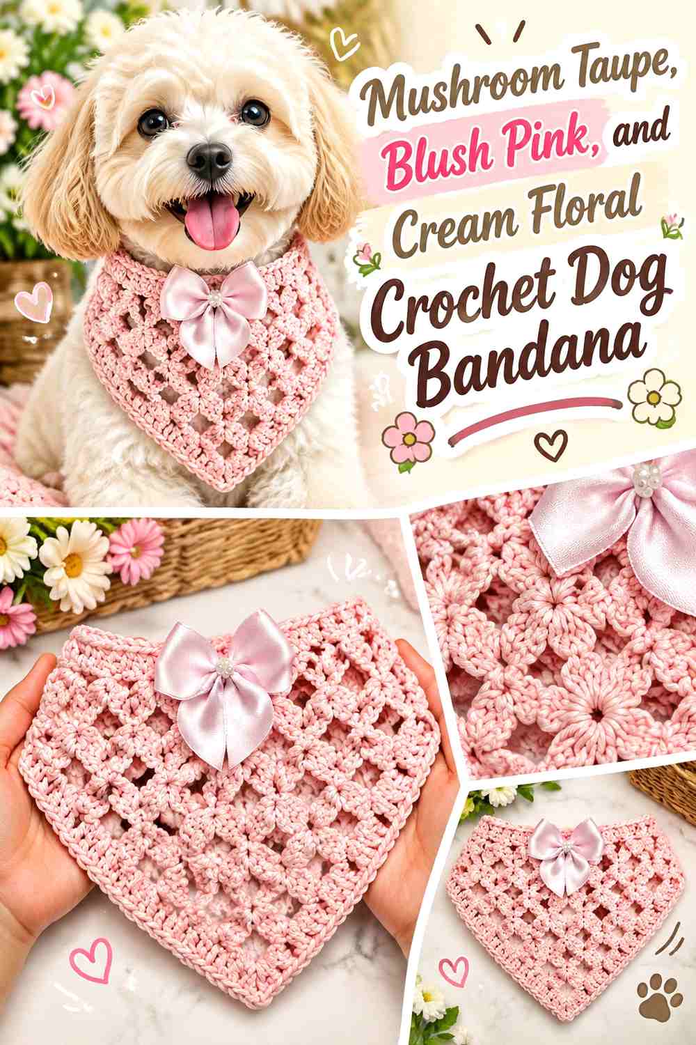 Mushroom Taupe, Blush Pink, and Cream Floral Crochet Dog Bandana