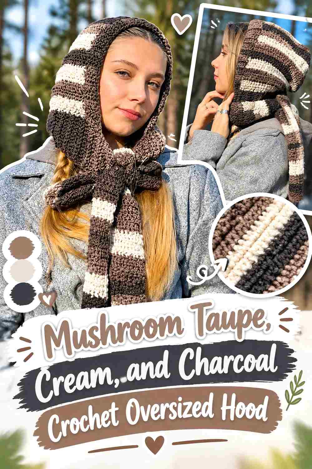 17. Mushroom Taupe Cream And Charcoal Crochet Oversized Hood