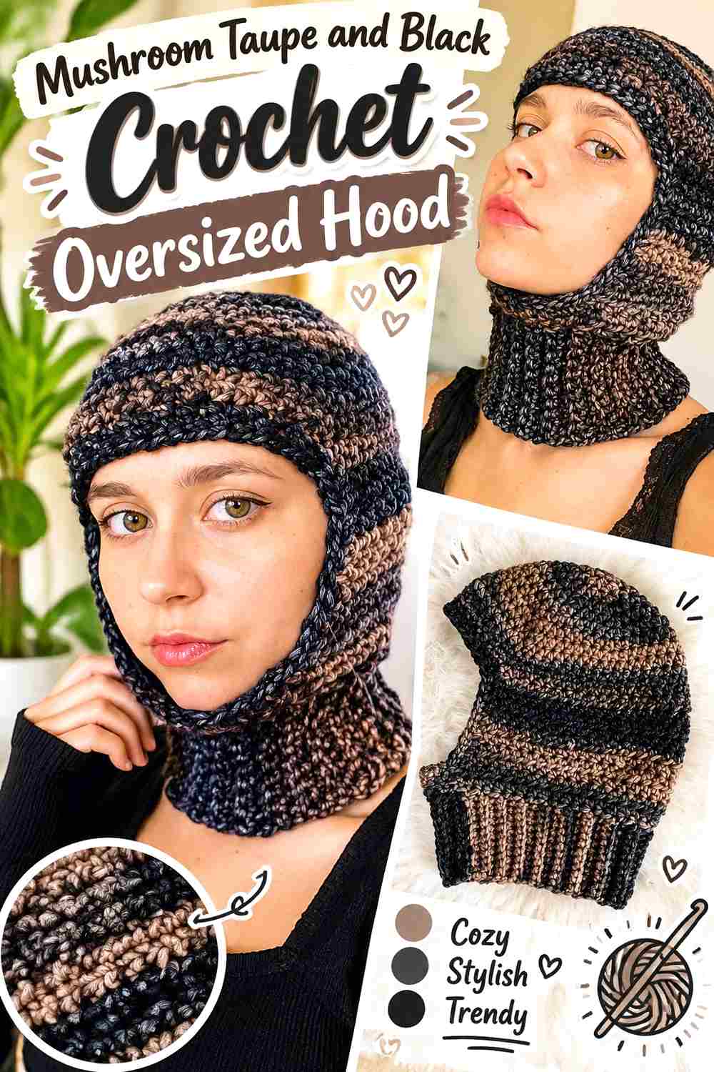 4. Mushroom Taupe And Black Crochet Oversized Hood