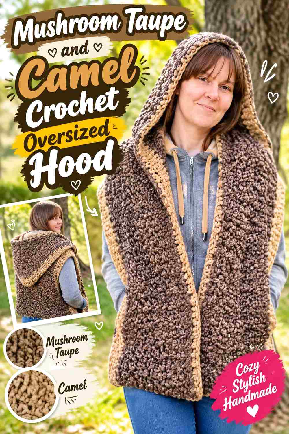 16. Mushroom Taupe And Camel Crochet Oversized Hood