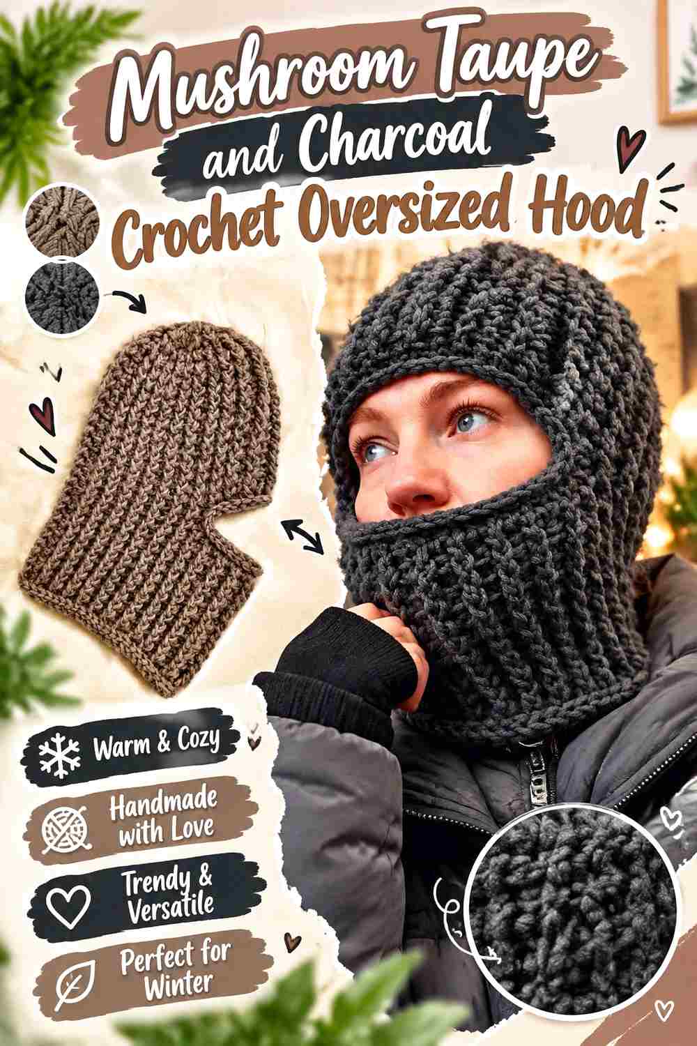 2. Mushroom Taupe And Charcoal Crochet Oversized Hood