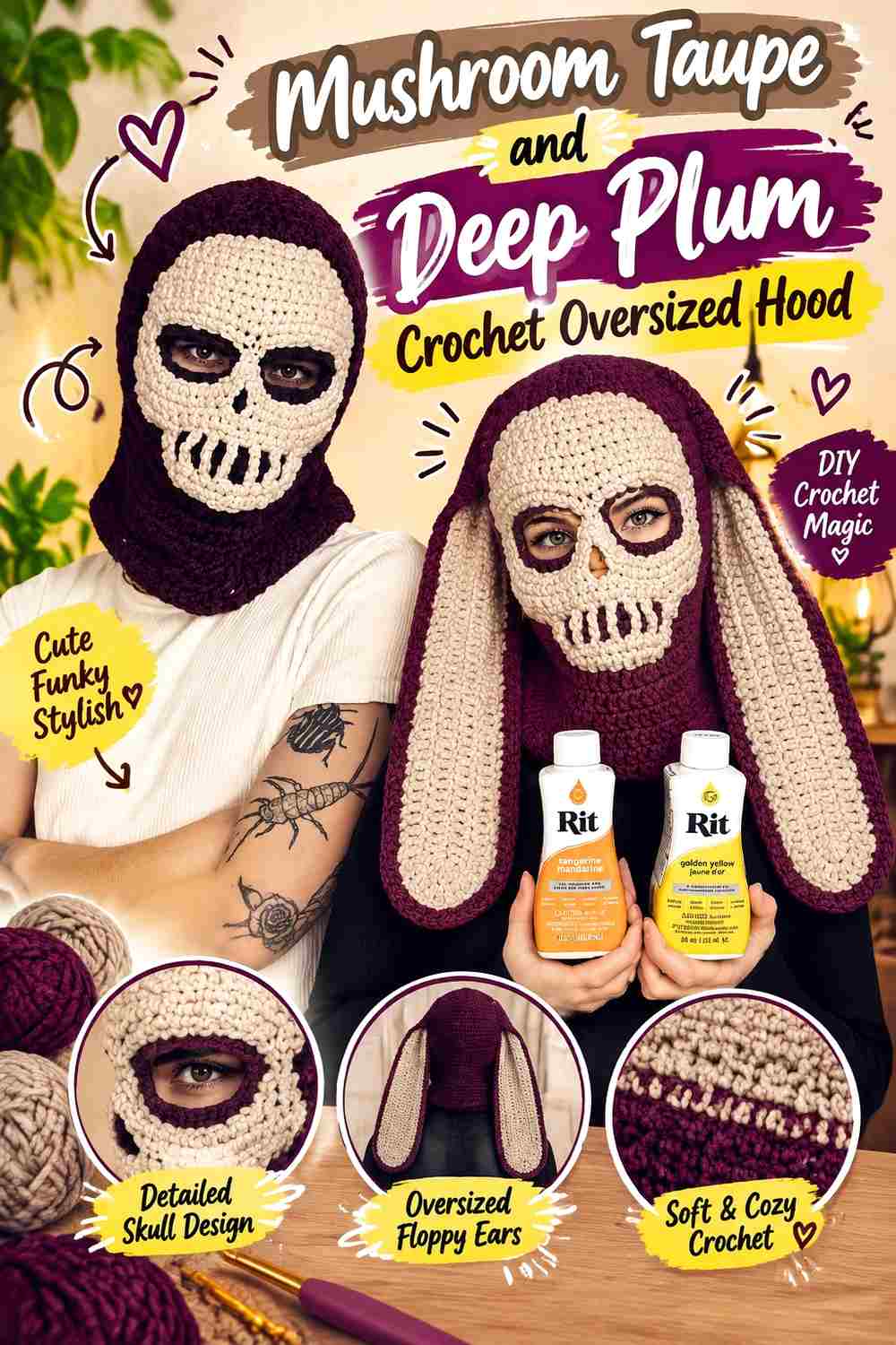 8. Mushroom Taupe And Deep Plum Crochet Oversized Hood