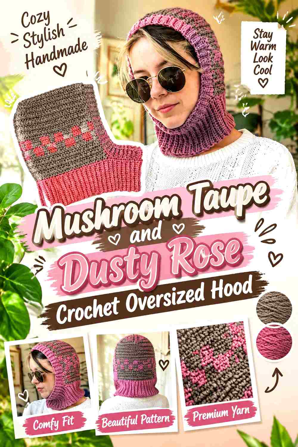 3. Mushroom Taupe And Dusty Rose Crochet Oversized Hood