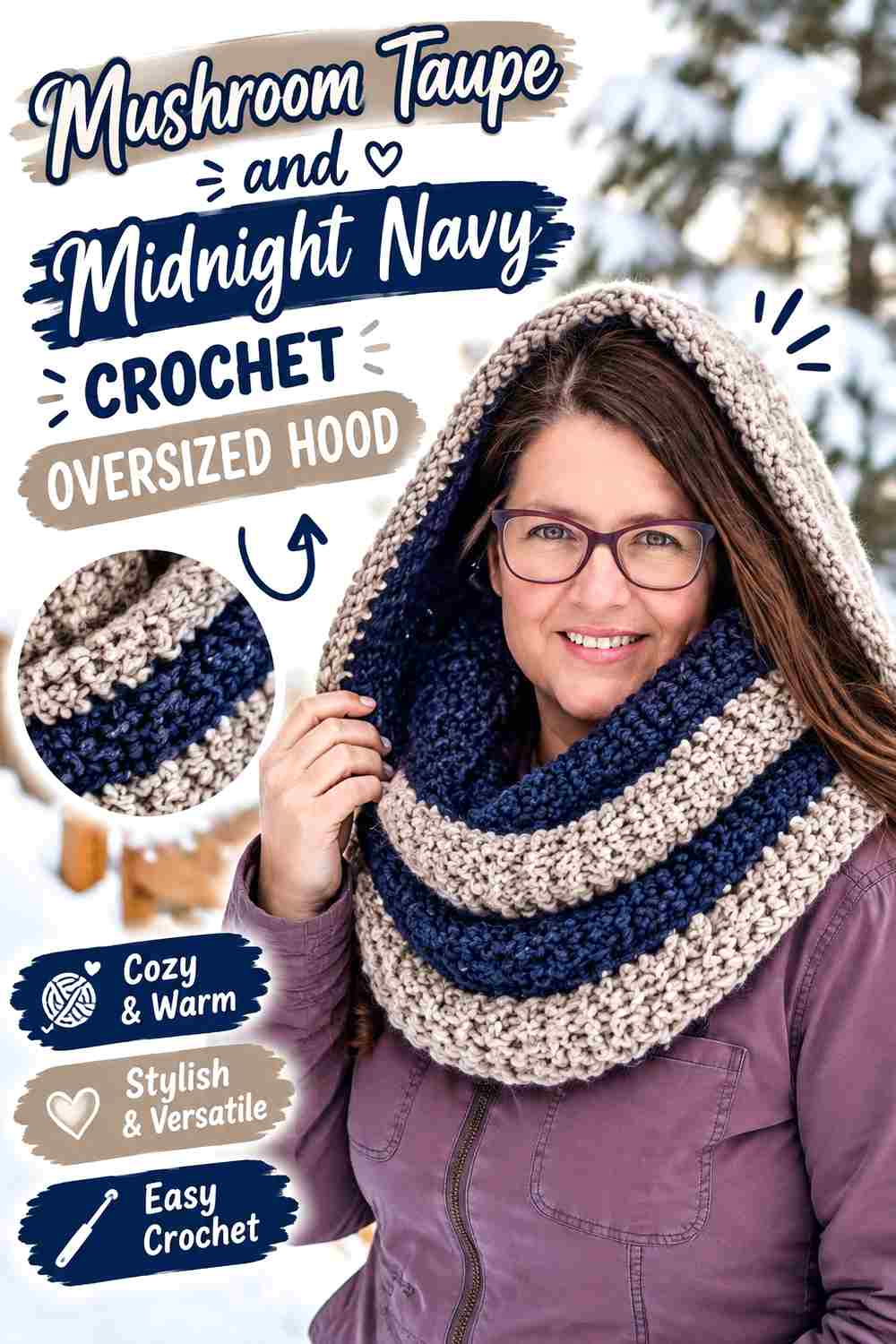 12. Mushroom Taupe And Midnight Navy Crochet Oversized Hood