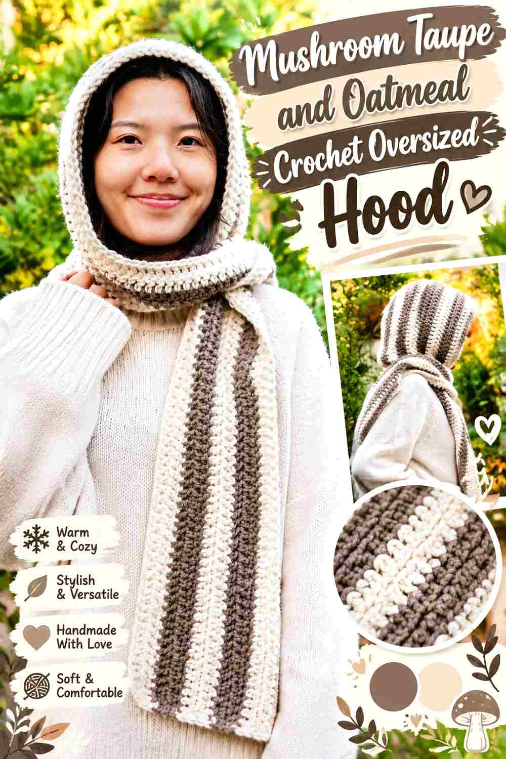 10. Mushroom Taupe And Oatmeal Crochet Oversized Hood