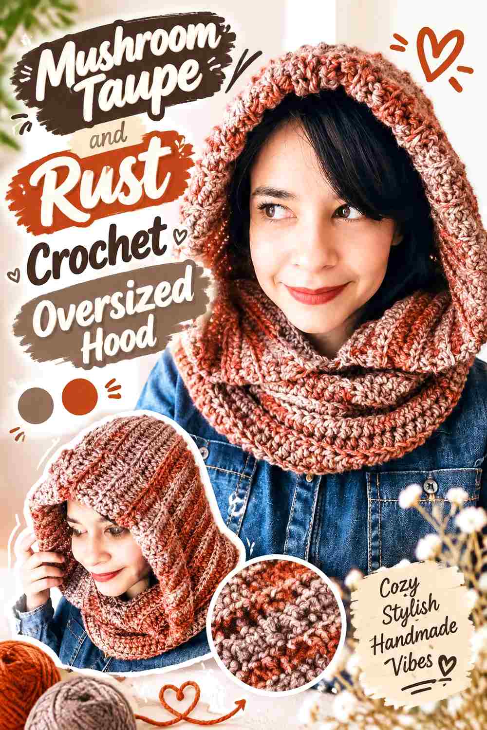 13. Mushroom Taupe And Rust Crochet Oversized Hood
