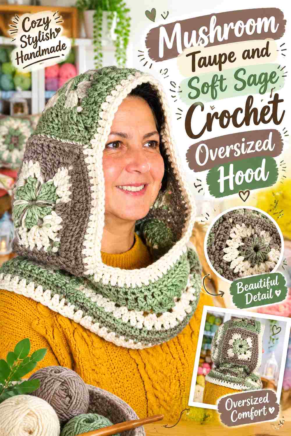 5. Mushroom Taupe And Soft Sage Crochet Oversized Hood