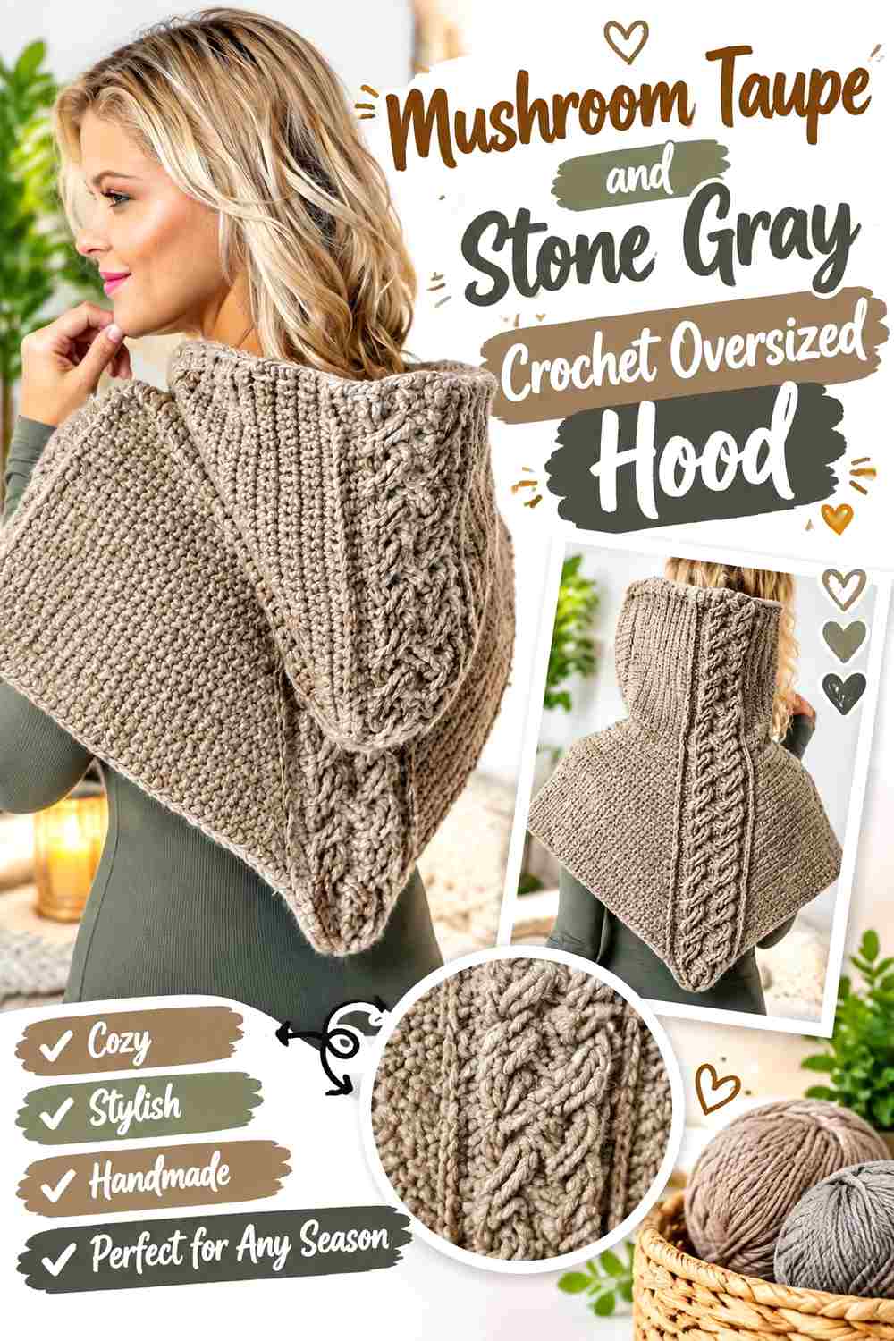 14. Mushroom Taupe And Stone Gray Crochet Oversized Hood