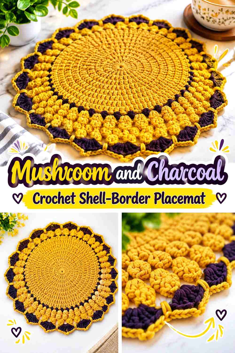 Mushroom and Charcoal Crochet Shell-Border Placemat