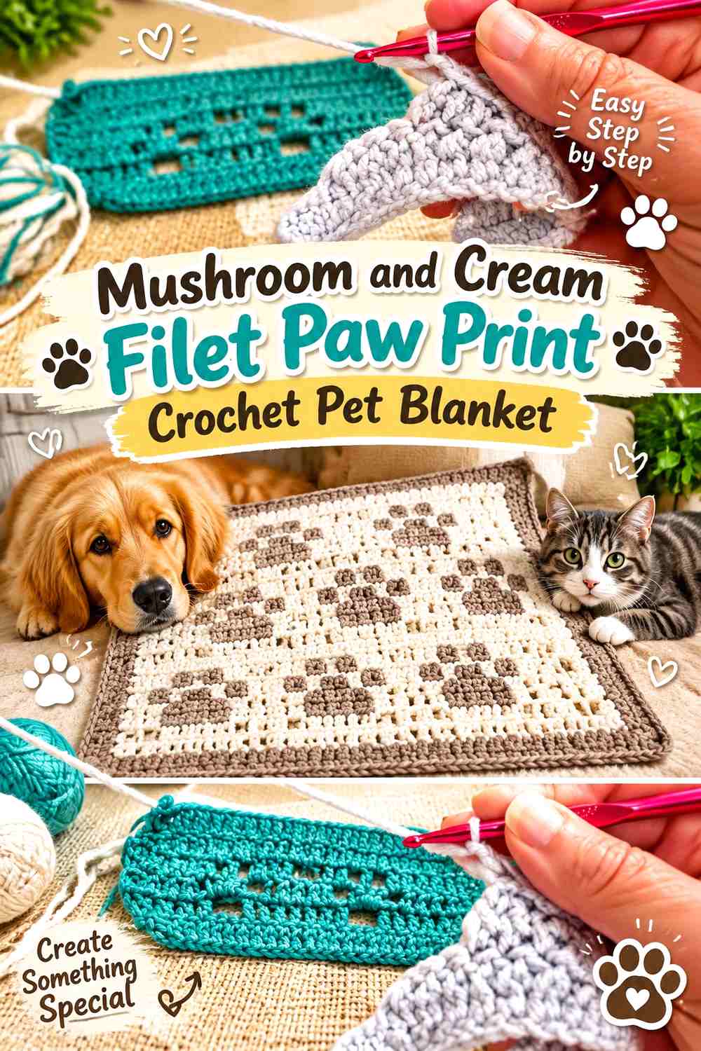 Mushroom and Cream Filet Paw Print Crochet Pet Blanket