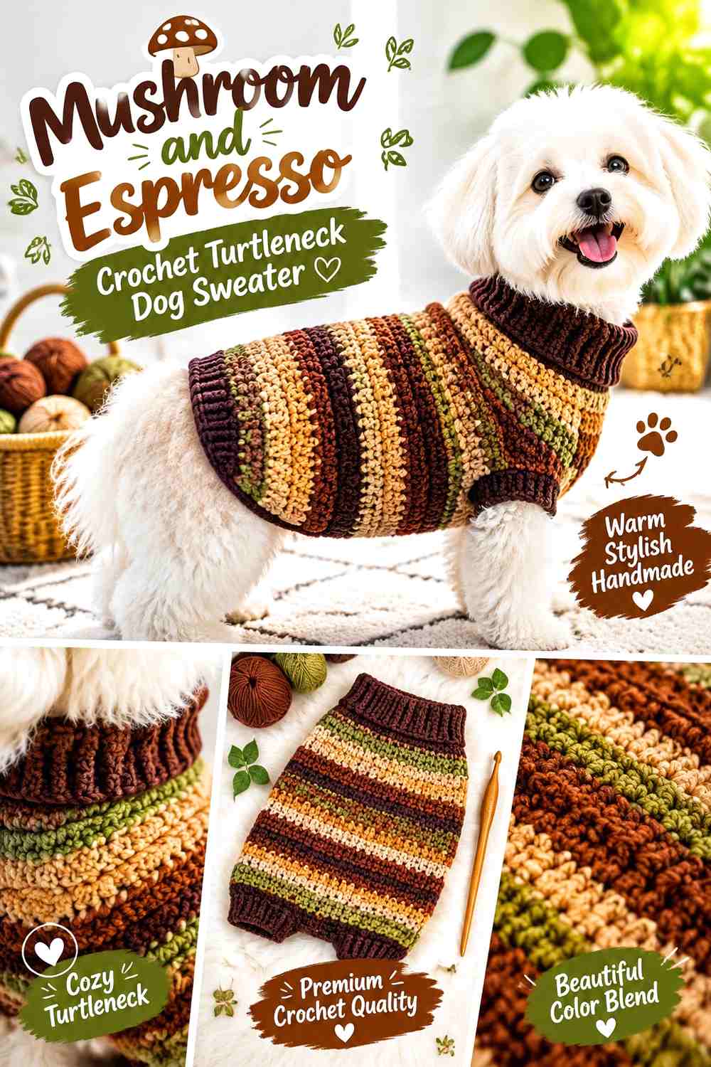 Mushroom and Espresso Crochet Turtleneck Dog Sweater