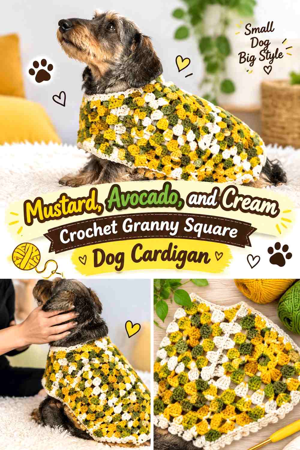 Mustard, Avocado, and Cream Crochet Granny Square Dog Cardigan