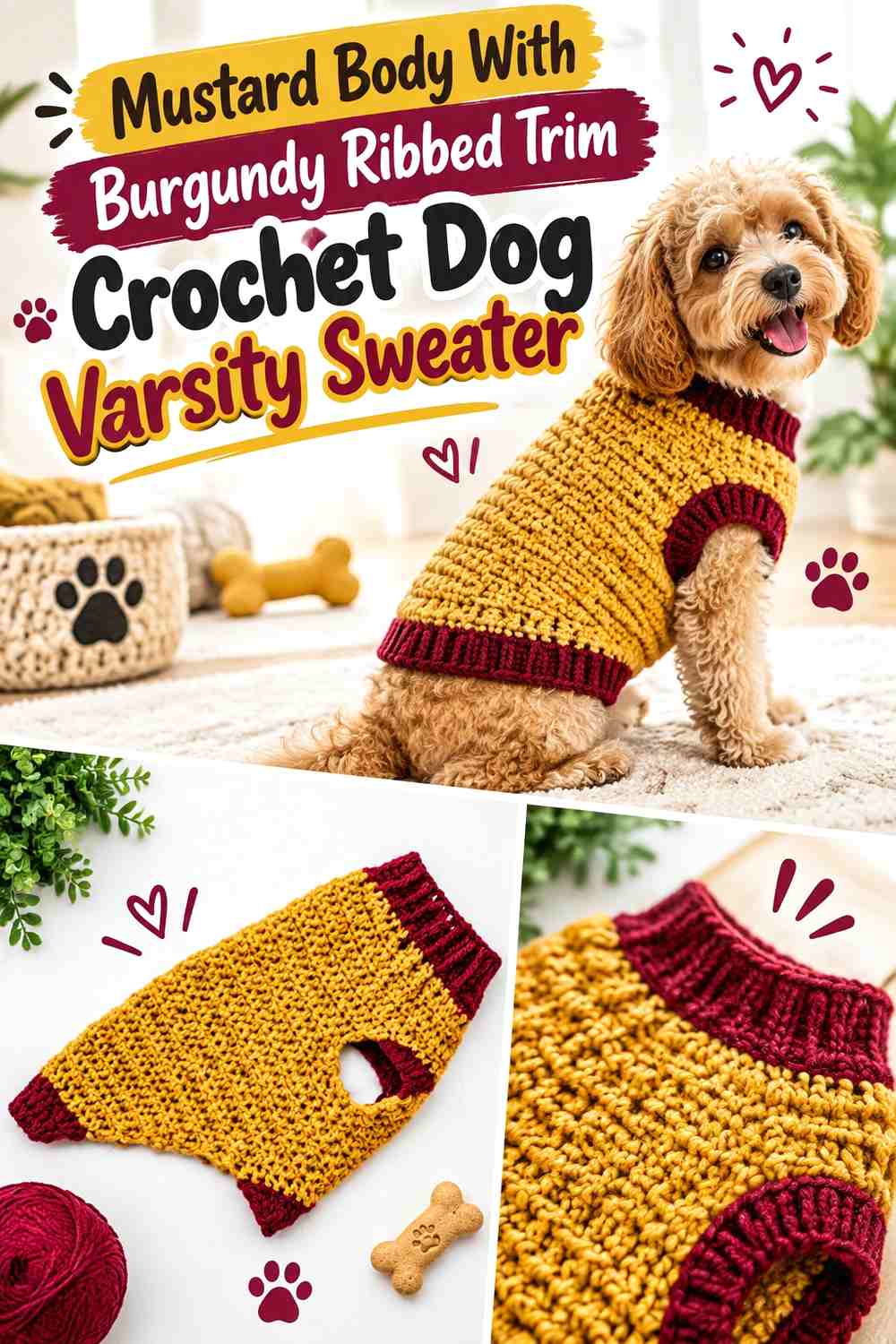 Mustard Body With Burgundy Ribbed Trim Crochet Dog Varsity Sweater