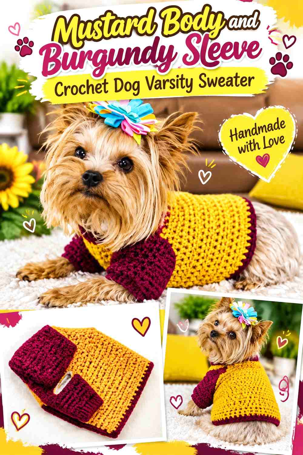 Mustard Body and Burgundy Sleeve Crochet Dog Varsity Sweater
