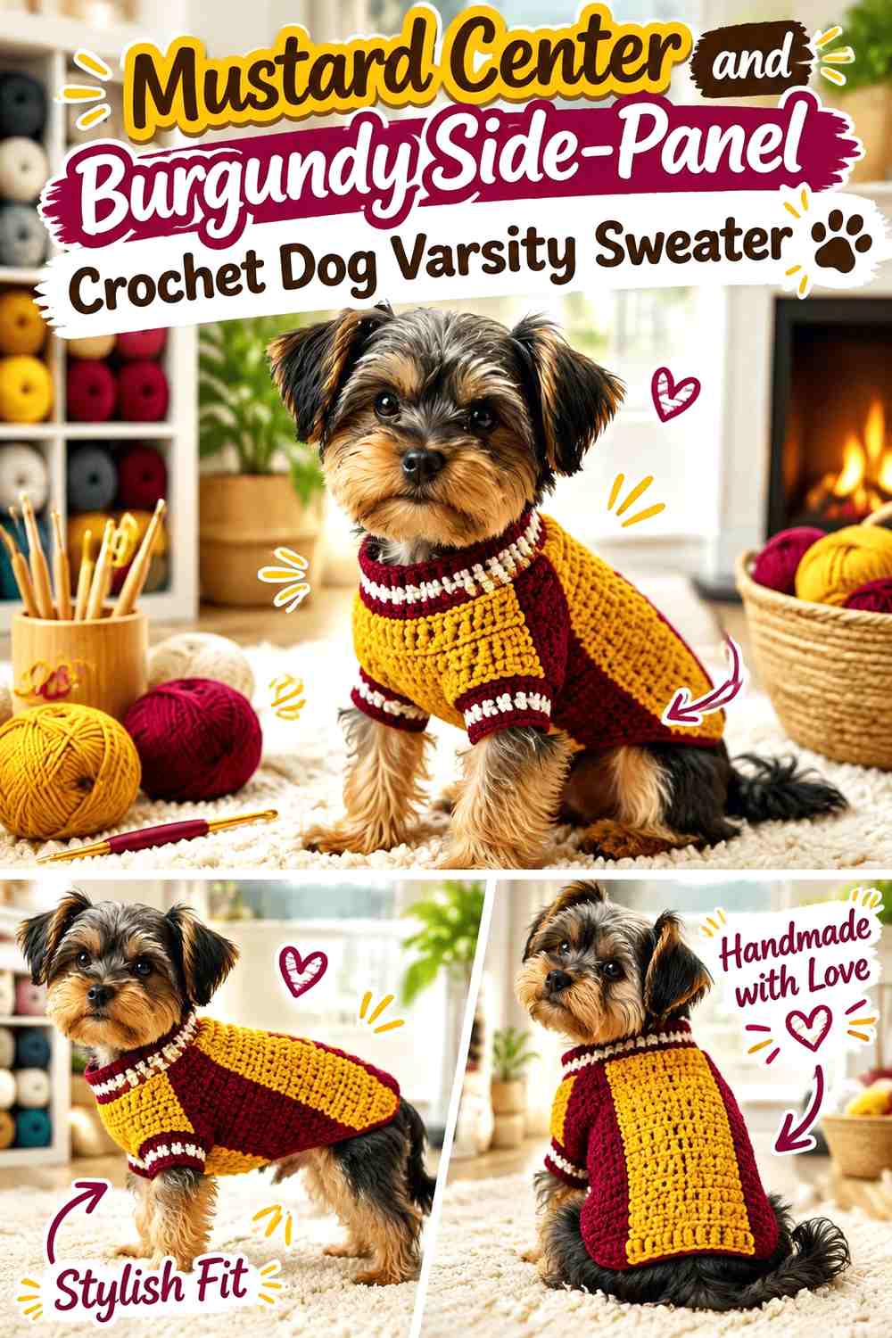 Mustard Center and Burgundy Side-Panel Crochet Dog Varsity Sweater
