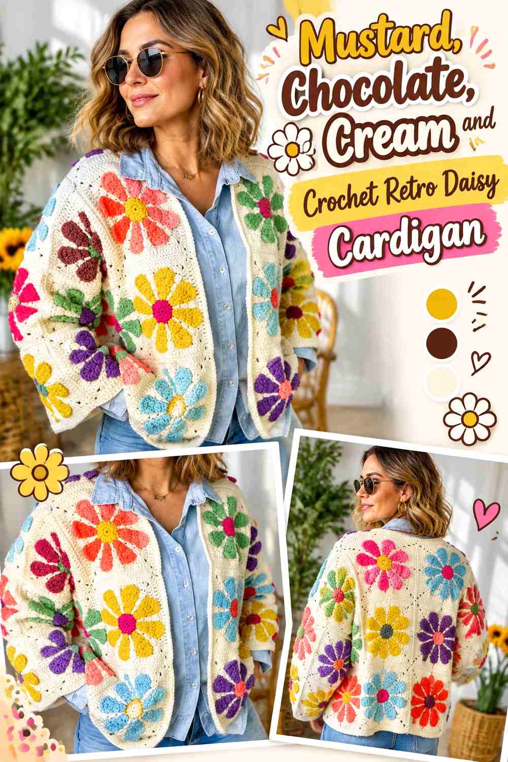 Mustard, Chocolate, and Cream Crochet Retro Daisy Cardigan