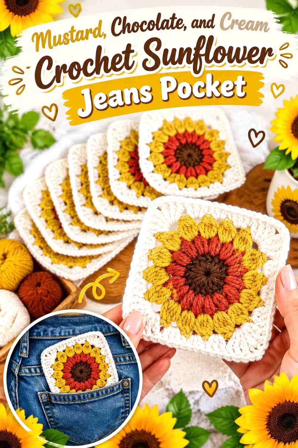 Mustard, Chocolate, and Cream Crochet Sunflower Jeans Pocket