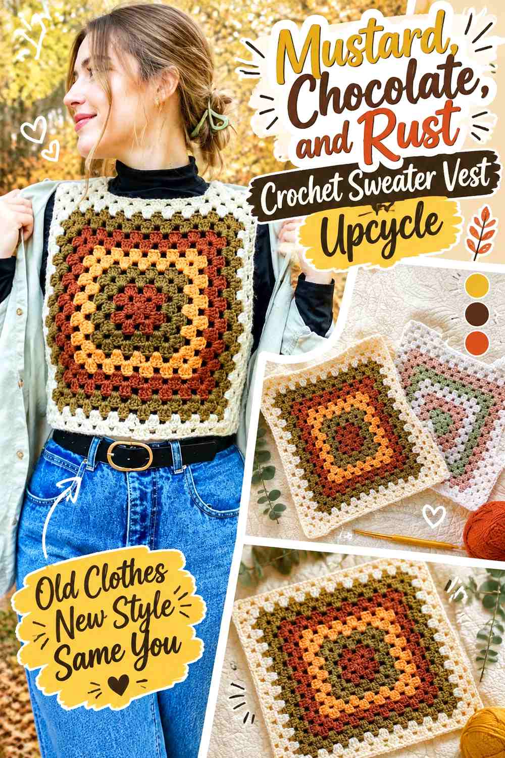 Mustard, Chocolate, and Rust Crochet Sweater Vest Upcycle