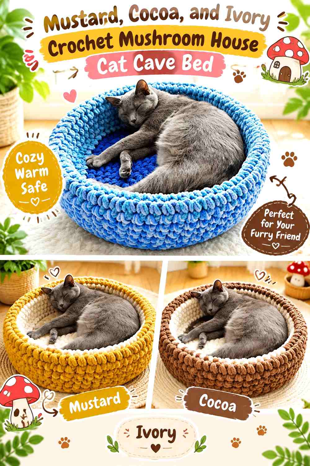 Mustard, Cocoa, and Ivory Crochet Mushroom House Cat Cave Bed