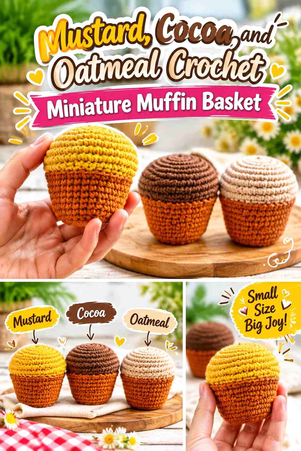 Mustard, Cocoa, and Oatmeal Crochet Miniature Muffin Basket