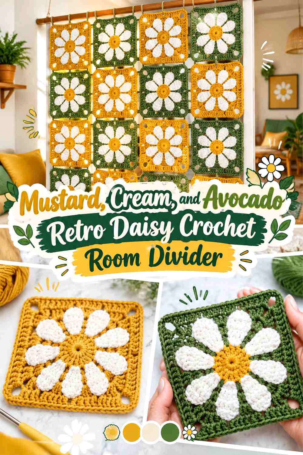 Mustard, Cream, and Avocado Retro Daisy Crochet Room Divider